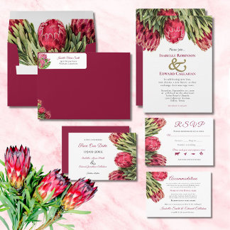 Tropisk Burgundy Rosa King Protea Blommig Bröllop Inbjudningar