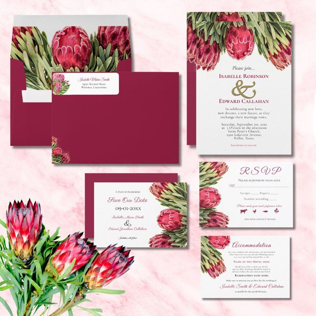 Tropisk Burgundy Rosa King Protea Blommig Bröllop Inbjudningar (Skapare uppladdad)