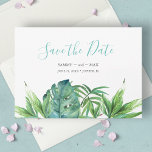 Tropisk Chic Akvarell Grönska Rädda Datumet Spara Datumet<br><div class="desc">Meddela er förlovning med mina tropiskt bohemiska "Save our date"-inbjudningar med texten Save the Date i en trendig typsnittsstil som frammanar känslan av handlettering. Detta enkla kort har en kopia av min originalhandmålade vattenfärg med gröna palmer och monstera blad med era namn, bröllopsdatum och bröllopsplats. Baksidan på korten har en...</div>