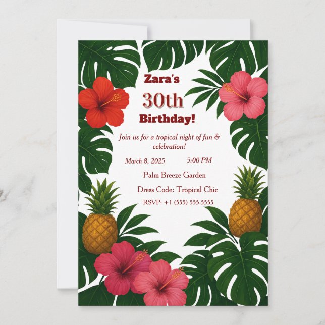 Tropisk Chic Monstera Hibiskus PineappleInbjudan Inbjudningar (Framsida)