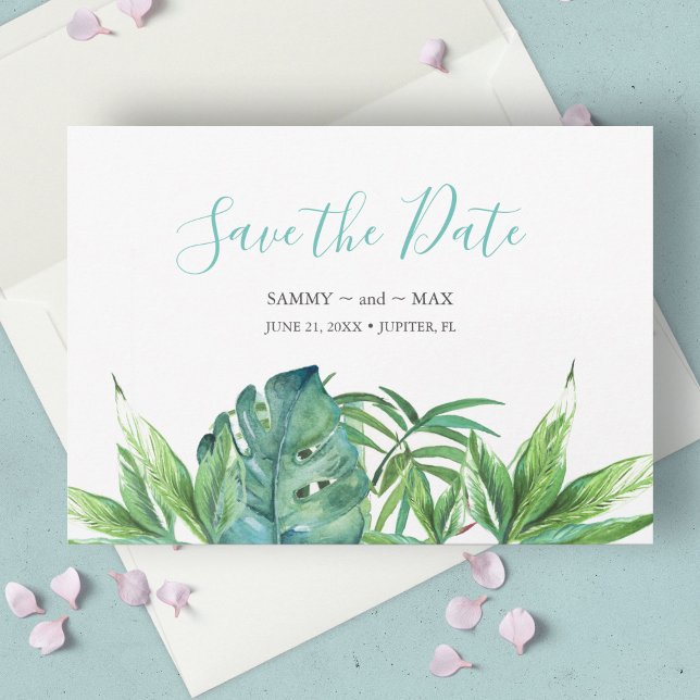 Tropisk Chic Vattenfärg Grönska Rädda Datumet Spara Datumet (tropical beach wedding save the date invitation card features watercolor tropical leaves, )