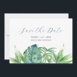Tropisk Chic Vattenfärg Grönska Spara Datum Spara Datumet<br><div class="desc">Meddela er förlovning med mina tropiskt bohemiska "save our date"-inbjudningar med "Save the Date" i en trendig, handskriven typsnittsstil. Detta enkla kort har handmålade, akvarellfärgade gröna palm- och monstera-blad med era namn, datum och plats för bröllopet. Baksidan på korten har en komplimentfärgad smaragdgrön färg. Perfekt för små strandbröllop med filippinsk...</div>