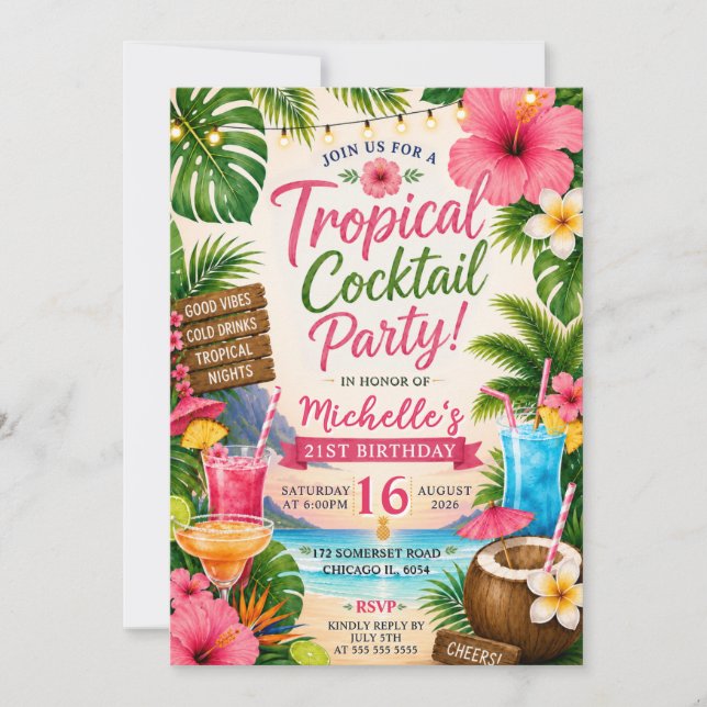 Tropisk Cocktailparty Strand 21-årsfirande Inbjudningar (Framsida)