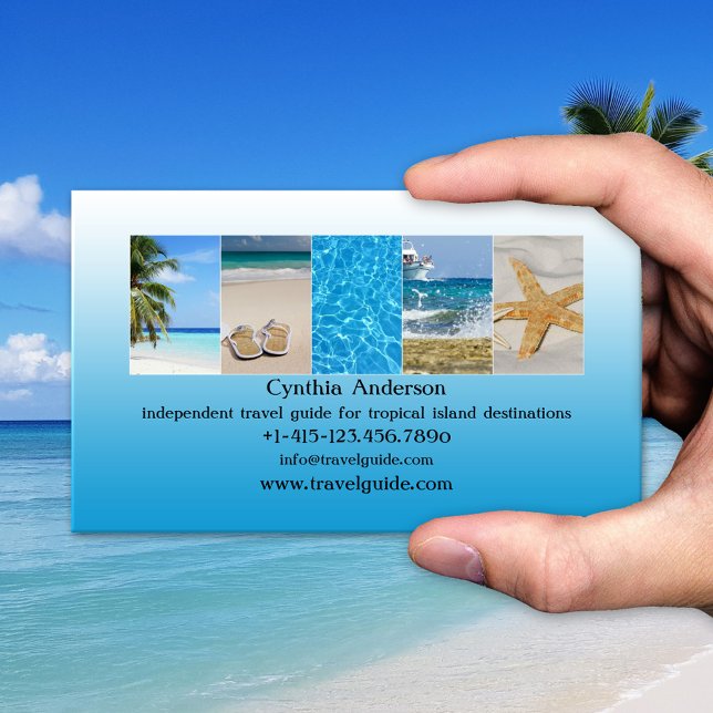 Tropisk Destinations QR-kod Resebyrå Visitkort (Blue tropical beach travel agent business card)