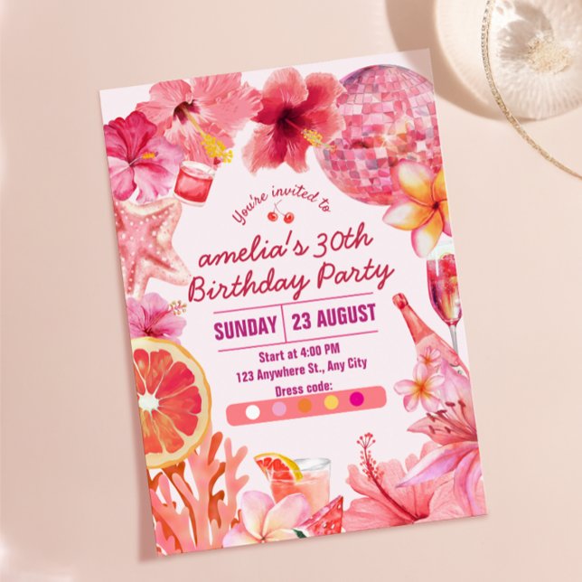 Tropisk Disco Födelsedag Sommar Rosa Fest Födelsed Inbjudningar (Tropical Disco Birthday Summer Pink Party Birthday Invitation)