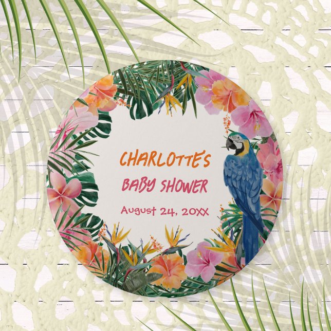 Tropisk Djungel Papegoja Baby Shower Knapp (Zazzle Tropical Jungle Parrot Baby Shower Button ©Susanne Sachers - Sunny Mind 🌞)