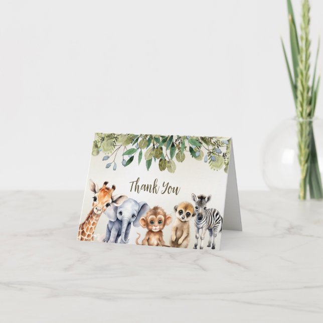 Tropisk djungel safari djur gröna blad fest tack kort (Framsida)