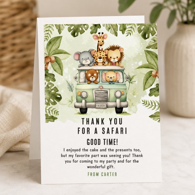 Tropisk djungelsafari för pojkbarnkalas tack kort (Tropical Jungle Safari Animals Boy Baby Shower Thank You Card)