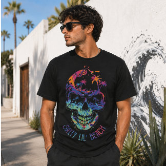 Tropisk Dödskalle Vattenfärg Palmträd Strandvibbar T Shirt