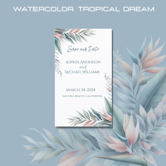 Tropisk dröm - Bröllop-Save the Date- Visitkort (Watercolor Tropical Dream Wedding Save the Date-Coastal-Pastel Colors)