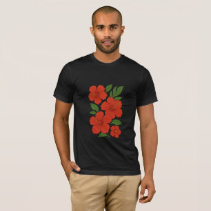 Tropisk Elegans Röd Hibiskus på Svart T Shirt