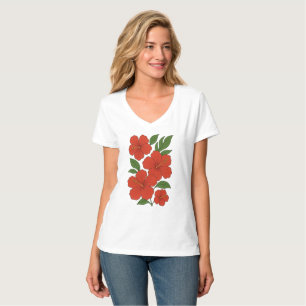 Tropisk Elegans Röd Hibiskus på Svart T Shirt
