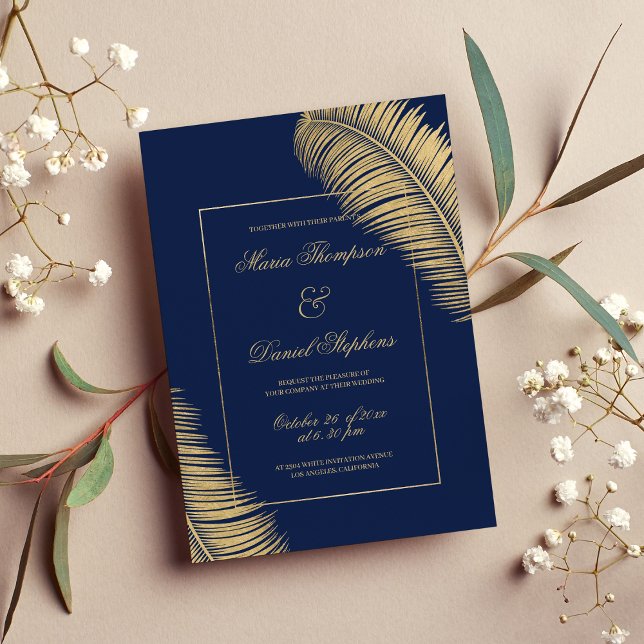 Tropisk elegant marin bläckfisk (blått guld) bröll inbjudningar (Tropical elegant navy blue gold foliage wedding)