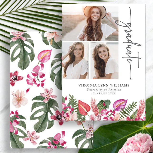Tropisk Examen Meddelande (Tropical Watercolor Floral Graduation Announcement Photo Collage by Painted Paperie
)