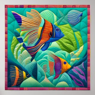 Tropisk exotisk fisk i Mint Grönt Quilt Block Poster