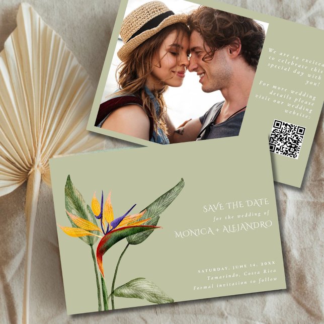 Tropisk fågel av Paradise Beach Wedding Photo Spara Datumet (Tropical Bird of Paradise Beach Wedding Photo Save The Date)