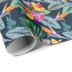 Tropisk fågel av paradise och orkidé presentpapper