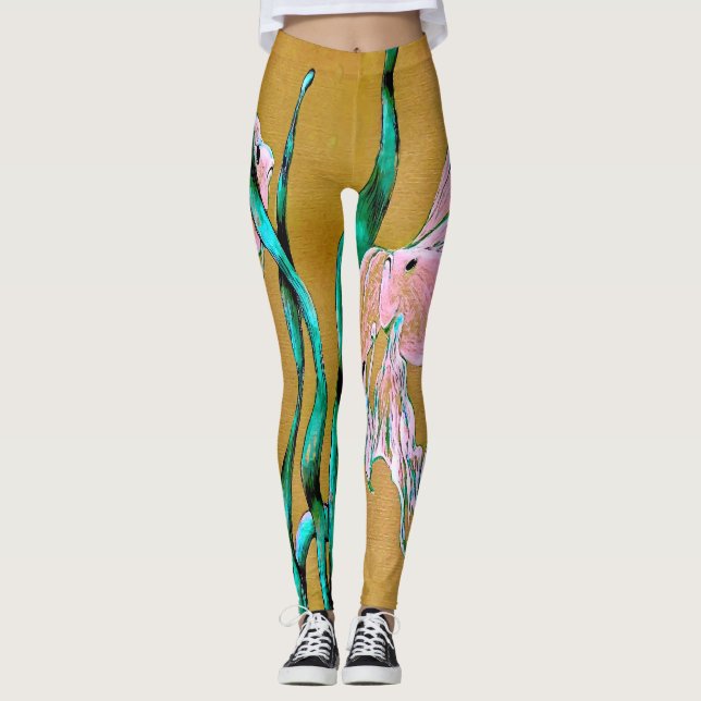 Tropisk Fantail Fish Vattenfärg Rosa Leggings (Framsida)