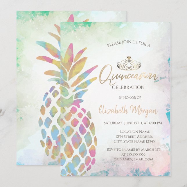 Tropisk Färgrik Ananas Palm Sommar Inbjudningar (Fram/baksida)