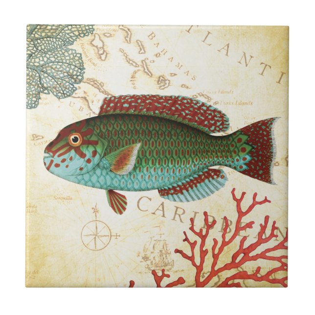 Tropisk färgrik karibisk fisk och korall kakelplatta (Framsidan)