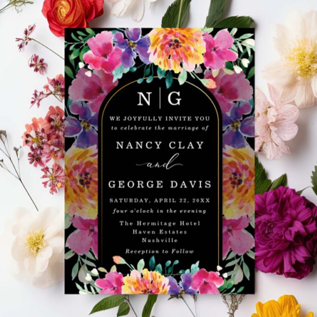 Tropisk färgstark Blommigt Monogram Black Bröllop Inbjudningar (Skapare uppladdad)