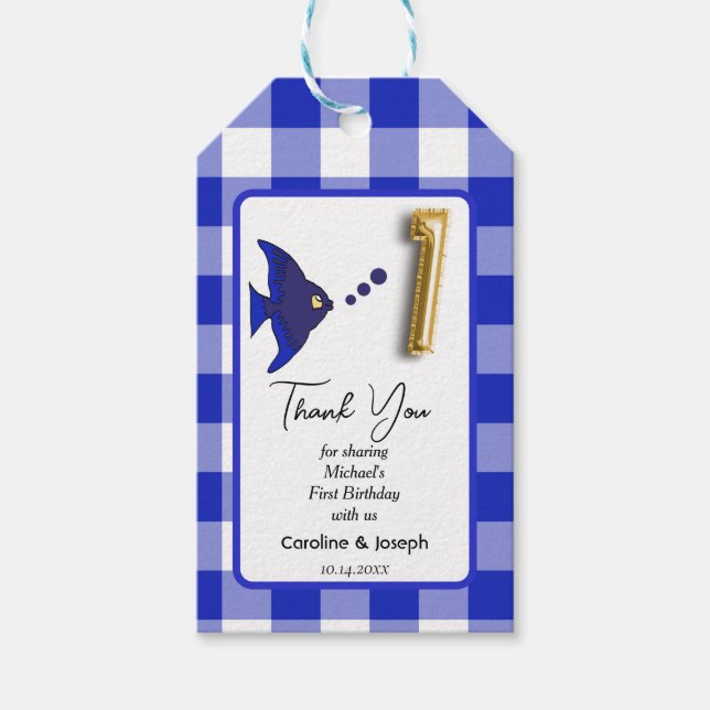 Tropisk fisk, Blue Gingham Birthday Tack Presentetikett (Framsidan)