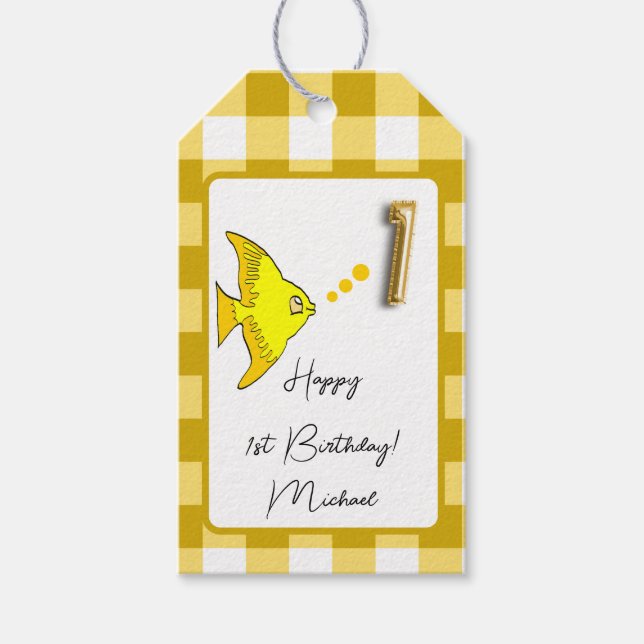 Tropisk fisk Gul Gingham Glad 1-årsdag Presentetikett (Framsidan)