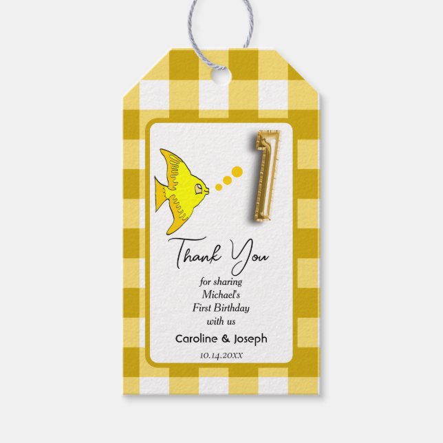 Tropisk fisk, Gult Gingham Birthday Tack Presentetikett (Framsidan)