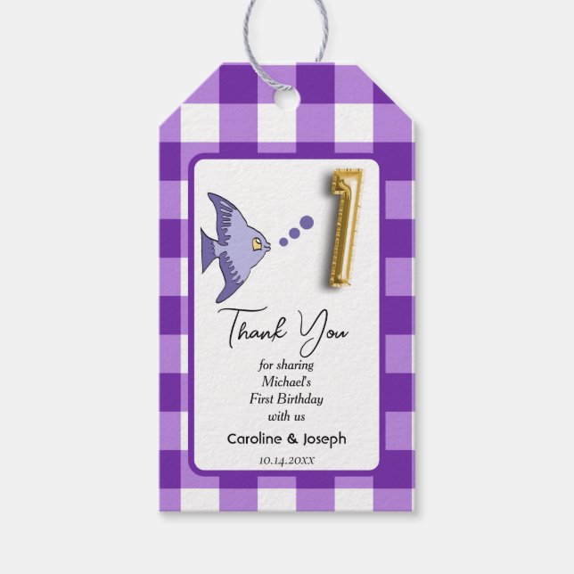 Tropisk fisk, Lila Gingham Birthday Tack Presentetikett (Framsidan)