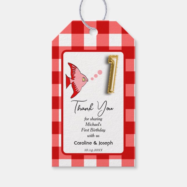 Tropisk fisk, Red Gingham Birthday Tack Presentetikett (Framsidan)
