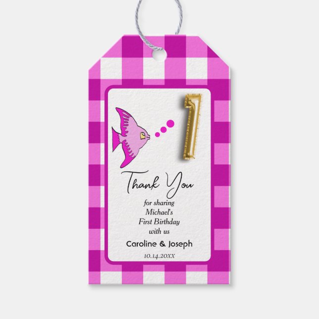 Tropisk fisk, Rosa Gingham Birthday Tack Presentetikett (Framsidan)