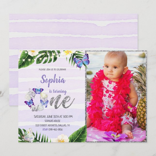 Tropisk fjärilsinbjudan på födelsedagen med foto inbjudningar (Fram/baksida)