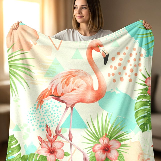 Tropisk Flamingo Akvarell & Geometriskt Mönster Fleecefilt (Skapare uppladdad)
