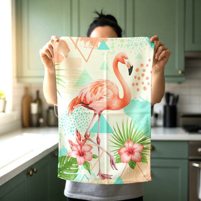 Tropisk Flamingo Akvarell & Geometriskt Mönster Kökshandduk (Skapare uppladdad)