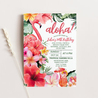 Tropisk Flamingo Aloha Hibiskus Cocktail Födelseda Inbjudningar