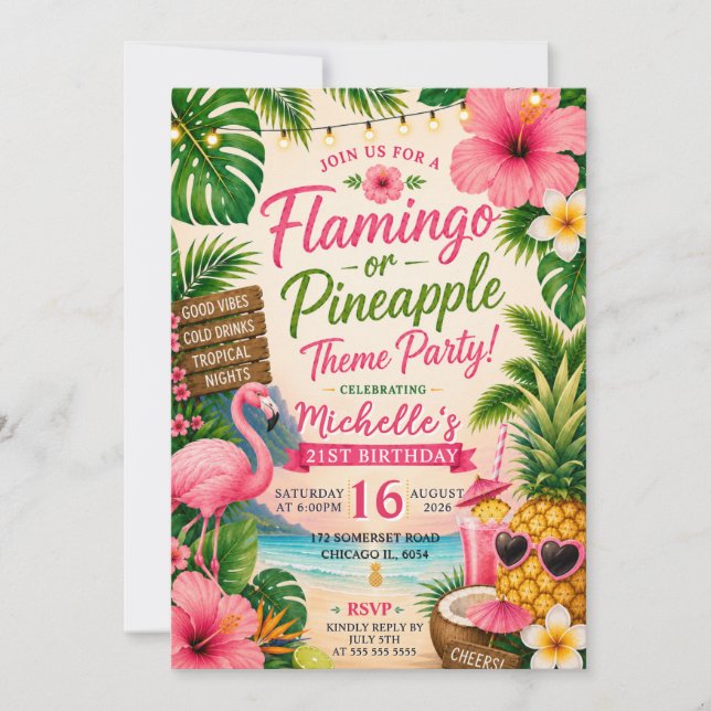 Tropisk Flamingo Ananas 21-årsfirande Inbjudningar (Framsida)