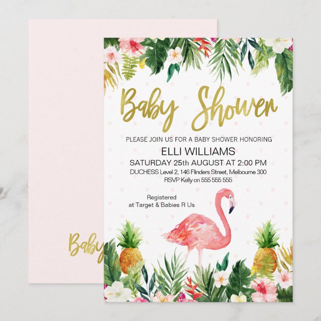 Tropisk Flamingo Baby Shower-inbjudan Inbjudningar (Fram/baksida)