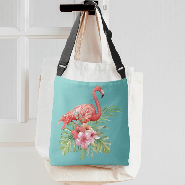Tropisk Flamingo Blommig Aqua Blå Axelväska (Tropical Flamingo Floral Aqua Blue Crossbody Bag)