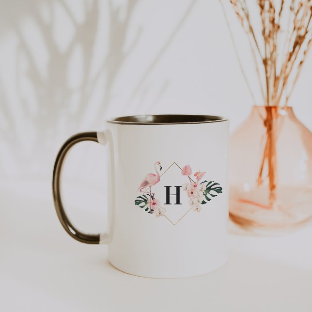 Tropisk Flamingo Blommig Monogram Kaffe Mugg (Skapare uppladdad)