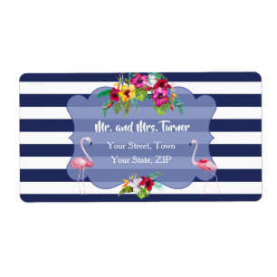 Tropisk Flamingo Blommigt Luau Navy Rand Bröllop Fraktsedel