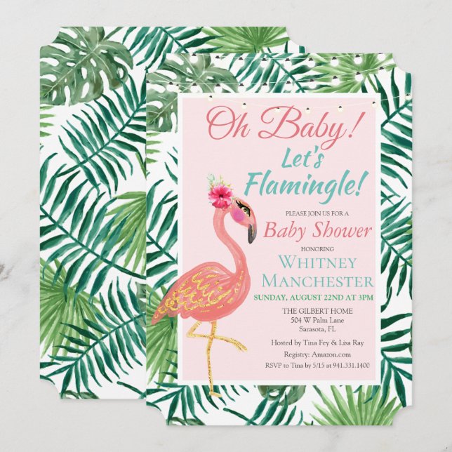 Tropisk Flamingo Flamingle Baby Shower Inbjudan (Fram/baksida)