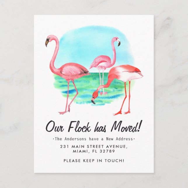 Tropisk Flamingo Flock Flyttad Ny Adress Flytt Meddelande Vykort (Framsida)