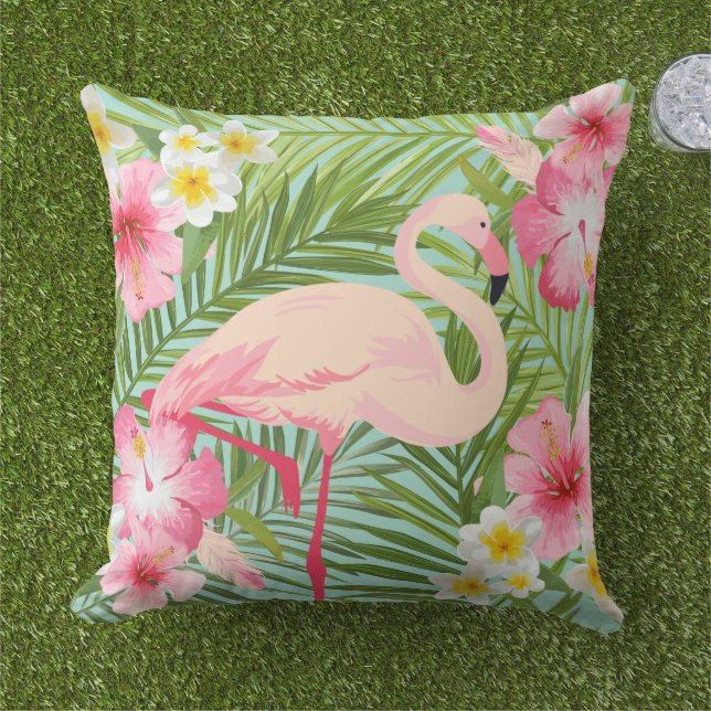 Tropisk Flamingo Hibiscus Palm Aqua Kudde (Gräs)