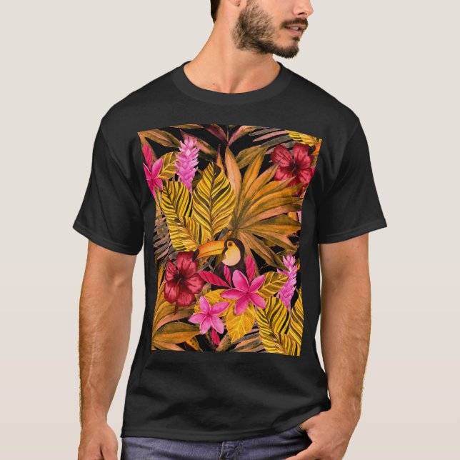 Tropisk flamingo: Hibiscus Sommar Mönster T Shirt (Framsida)
