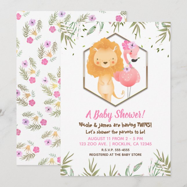 Tropisk Flamingo & Lejon Baby Shower i Akvarellsti Inbjudningar (Fram/baksida)