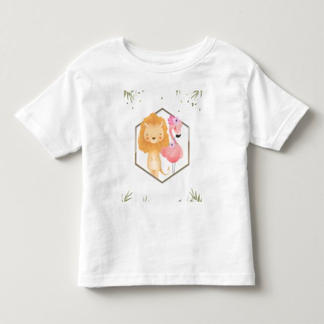 Tropisk Flamingo & Lejon Bebis Shower i Akvarell T Shirt (Framsida)
