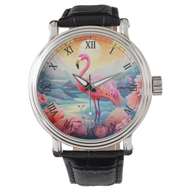Tropisk Flamingo med Blommor Armbandsur (Framsida)