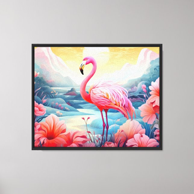 Tropisk Flamingo med blommor Canvastryck (Framsida)