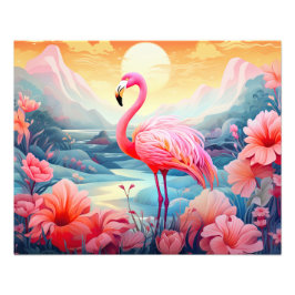 Tropisk Flamingo med Blommor Fototryck
