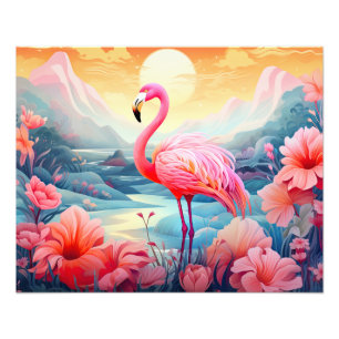 Tropisk Flamingo med Blommor Fototryck